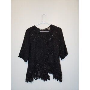 James River Traders Womens M Evening Blouse Beaded Black Short Sleeve 100% Silk